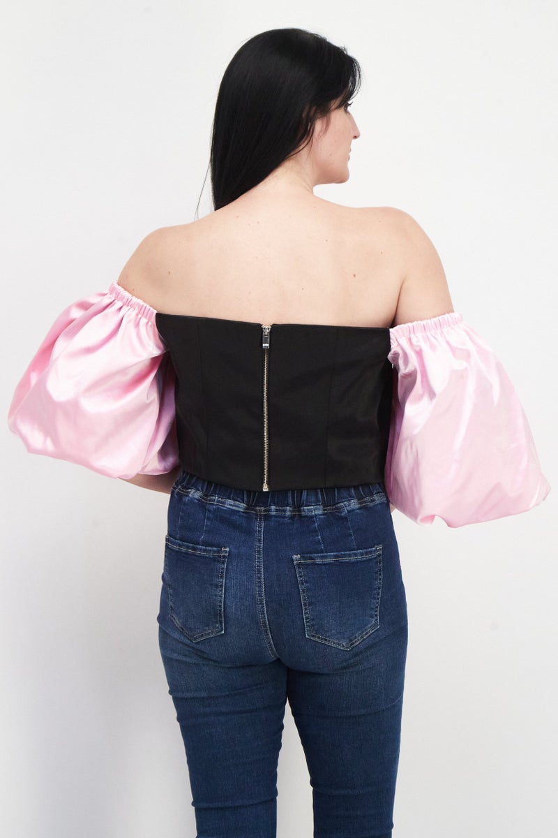 RIVER ISLAND بلوزة نسائية ذات رقبة مربعة وأكمام منفوخة بلونين، أسود/وردي - Image 4